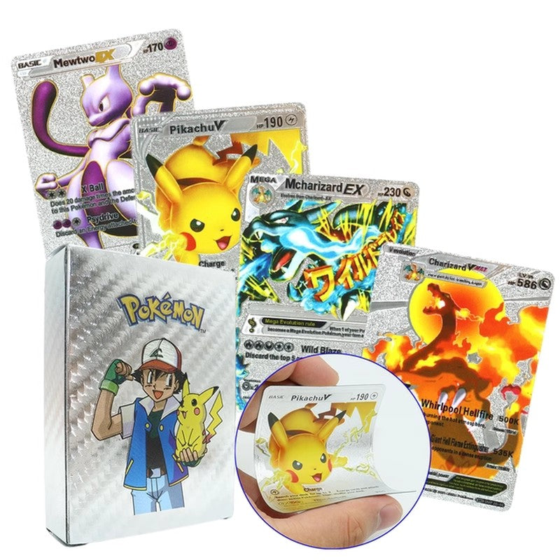 Silver foil Pokémon card set featuring Pikachu, Charizard, and Mewtwo with unique designs in collectible tin.
