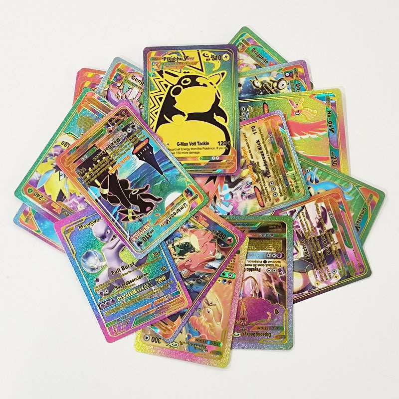 A collection of Rainbow Foil Pokémon cards showcasing GX, V, VMAX, and GMAX designs in vibrant colors.