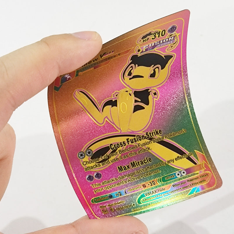 Rainbow foil Pokémon card set featuring a Mew V card with Fusion Strike abilities and vibrant holographic design.