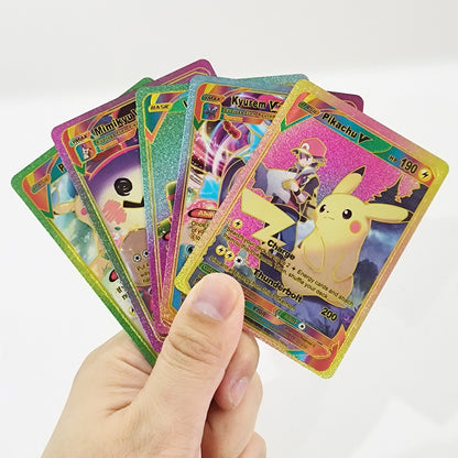Hand holding multiple Rainbow Foil Pokémon cards, featuring Pikachu V and other rare GX VMAX cards from the rainbow foil Pokémon card set.