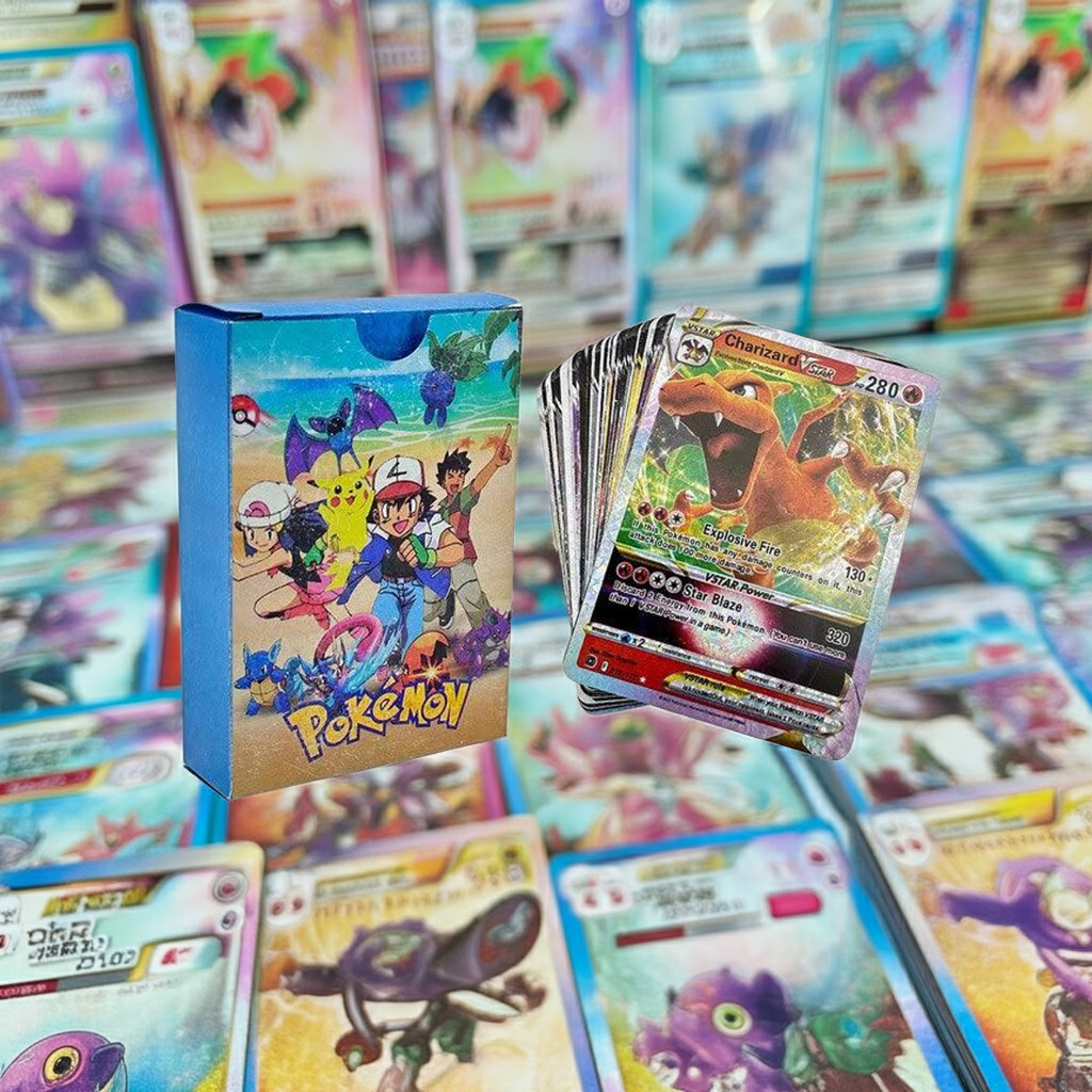 Image of a 55-piece diamond foil Pokémon card set featuring Charizard VMAX and other rare cards in a colorful box.