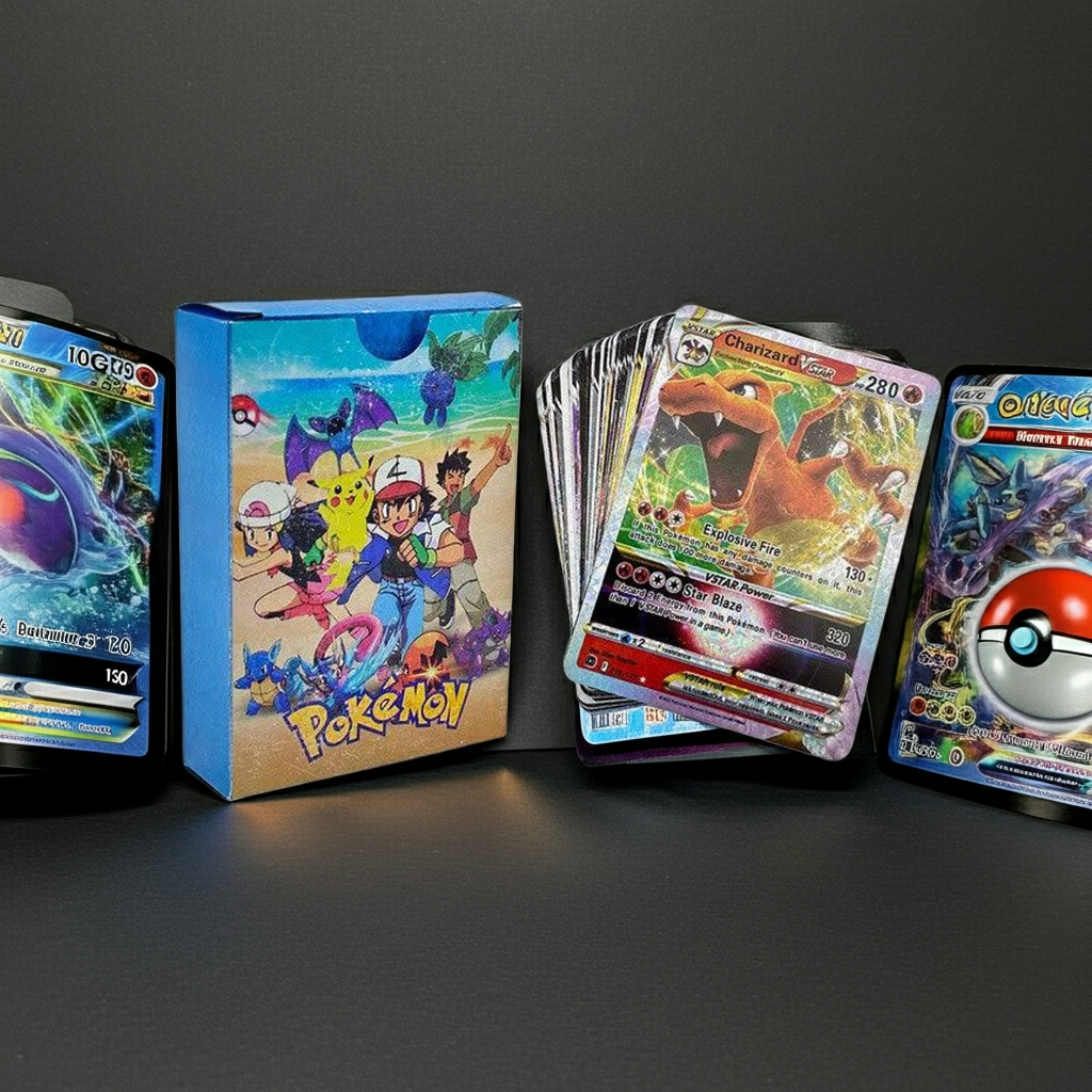 diamond foil Pokémon card set featuring a box and unique cards, including Charizard and a Poké Ball.