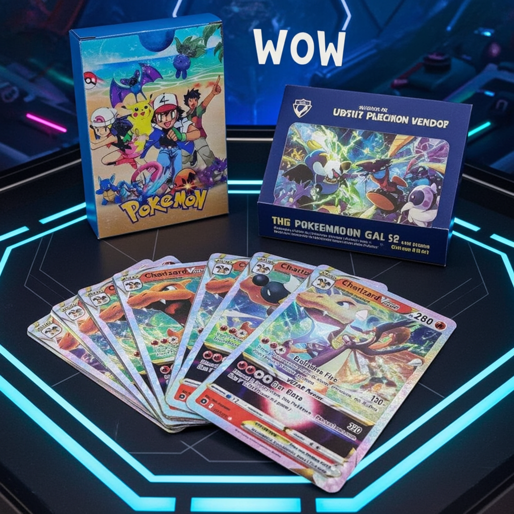 55-piece diamond foil Pokémon card set featuring unique cards and a collectible box, perfect for collectors.