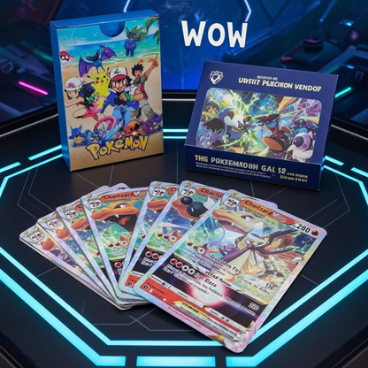 55-piece diamond foil Pokémon card set featuring unique cards and a collectible box, perfect for collectors.