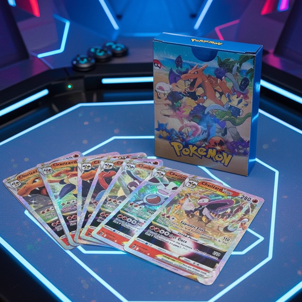 55-piece diamond foil Pokémon card set with unique cards displayed in front of a collector's box.