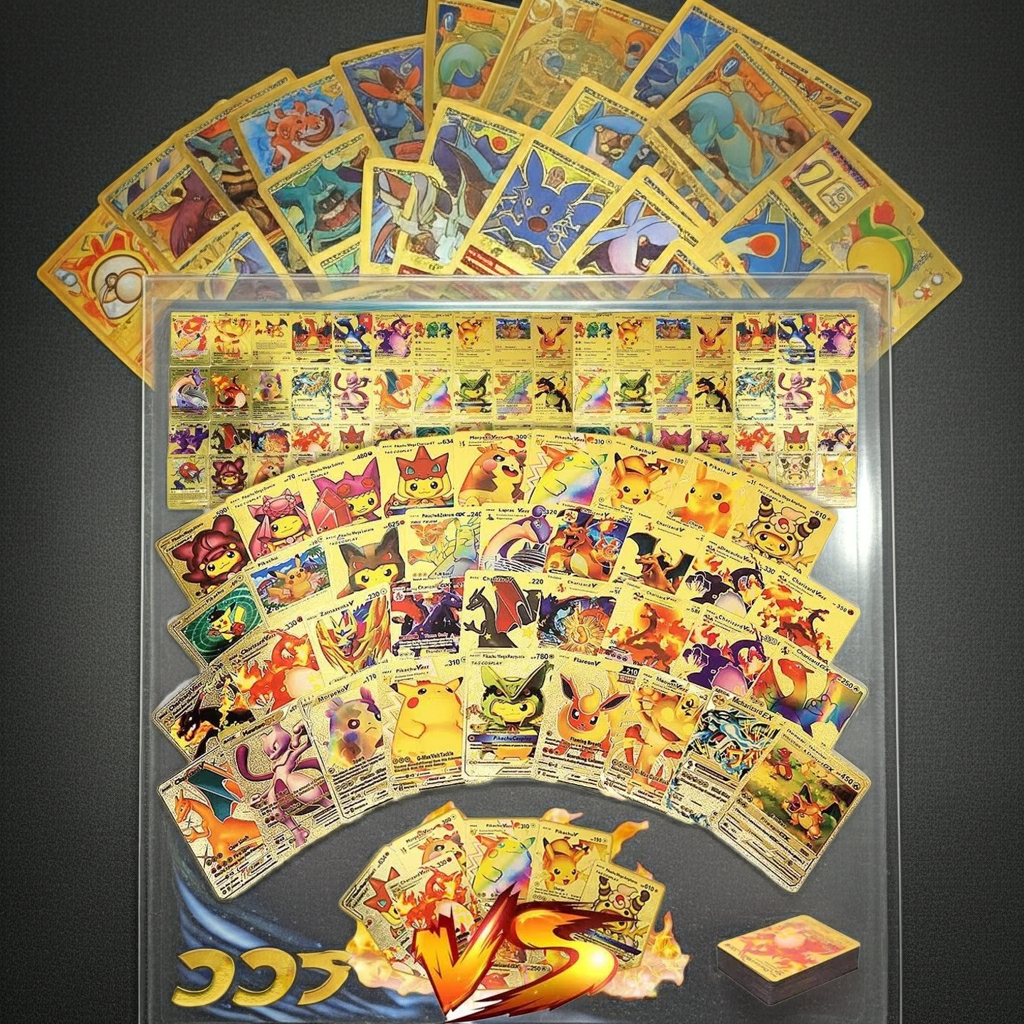 Collection of 55 unique gold foil Pokémon cards, including legendary and powerful VMAX, GX, EX cards - golden pokemon card.