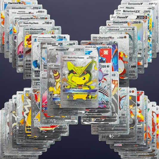 Silver Foil Pokémon Card Set featuring 55 rare GX V VMAX GMAX cards in a stunning display.