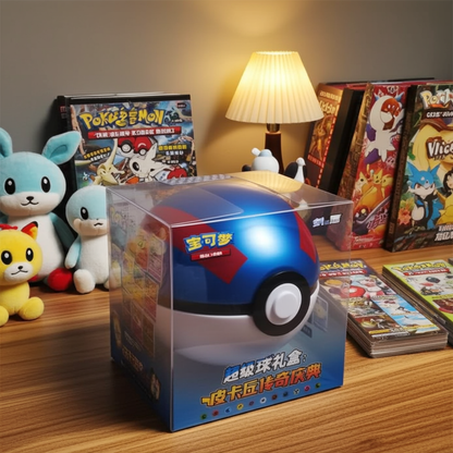Pikachu Legend Gala Pokéball gift box displayed with plush toys and Pokémon magazines.