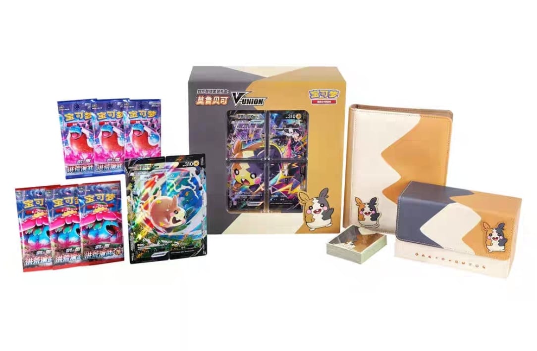 Pokémon Morpeko V Union gift box featuring booster packs and collectible cards.