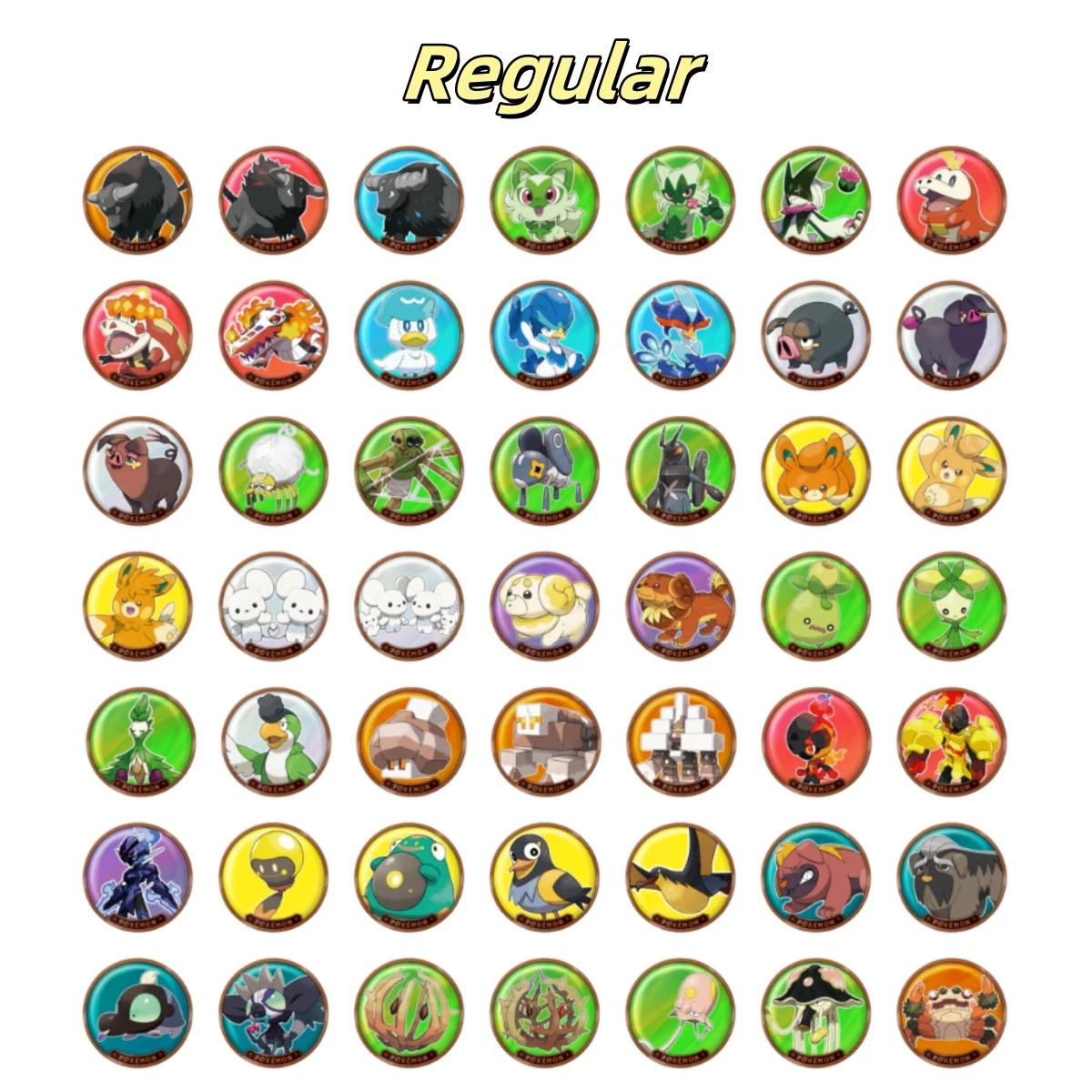 Regular collection of Pokémon character tokens featuring various designs and styles.