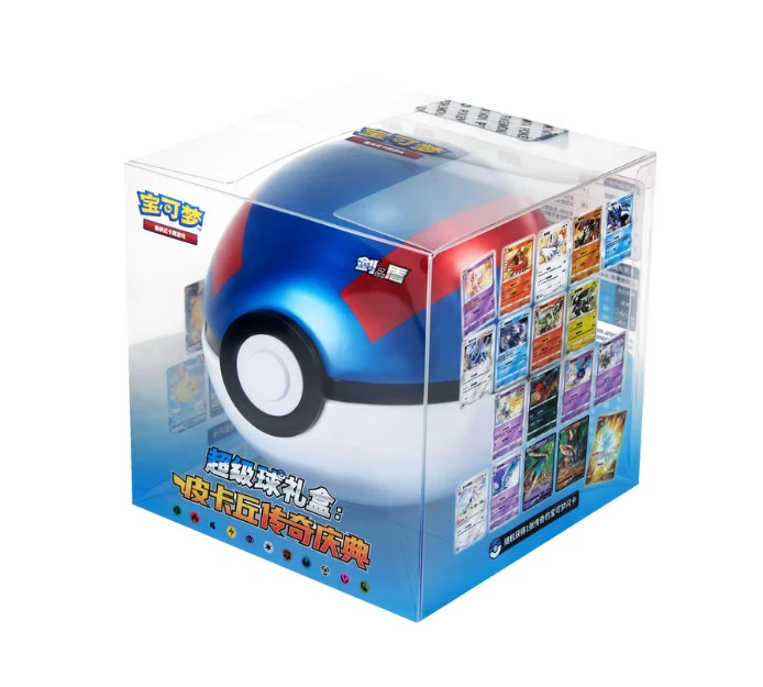Pikachu Legend Gala Pokéball gift box featuring collectible cards displayed in a clear packaging.